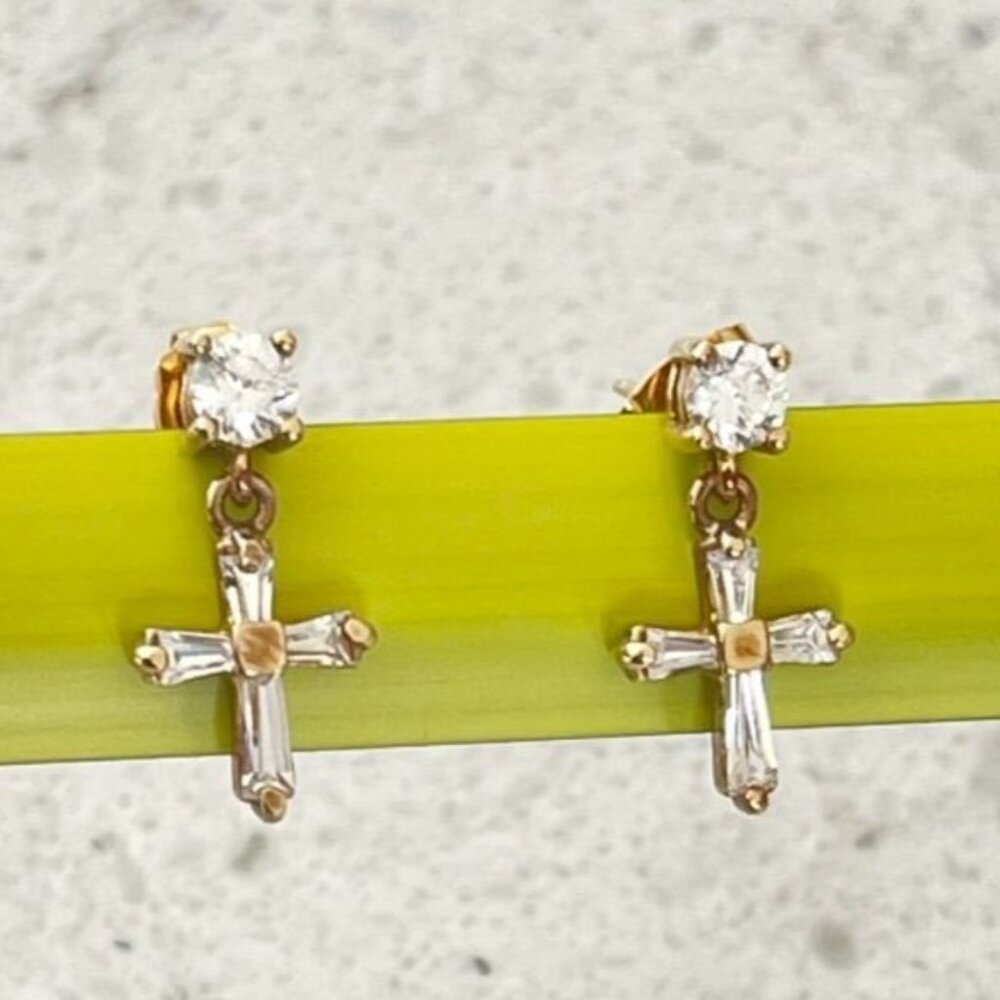 Gold Plated 925 Sterling Silver Cubic Zirconia Cross Drop Earrings - Picture 2 of 3